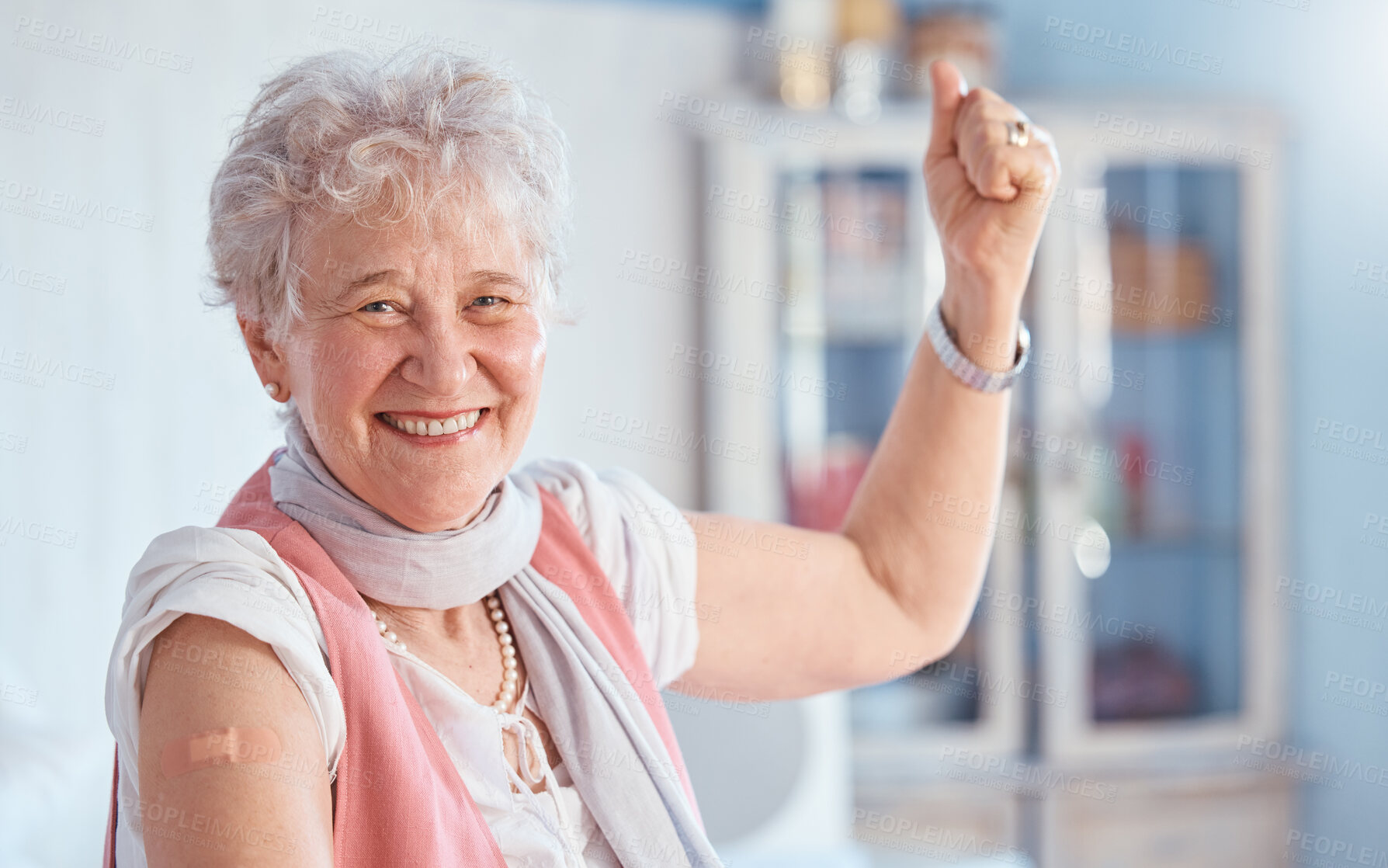 Buy stock photo Covid, vaccine and bandaid with portrait of old woman for healthcare, medical and wellness. First aid, insurance and safety with senior patient and plaster for virus, protection and medicine 