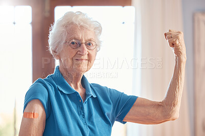 Buy stock photo Elderly woman, strong and plaster for vaccine injection against covid virus in nursing home. Happy, senior lady and covid 19 vaccination in doctor office for health, wellness or safety in healthcare