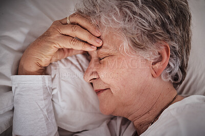 Buy stock photo Sleep, headache and senior woman in a bed with stress, anxiety and tired. Sick, sad and face of an elderly lady dreaming with depression and sleeping in her bedroom for rest during retirement