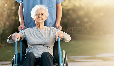 Buy stock photo Healthcare, portrait and old woman in wheelchair with nurse in nature for wellness. Outdoors, disability and retired female with medical worker for healthy sunshine or enjoying time at park or garden