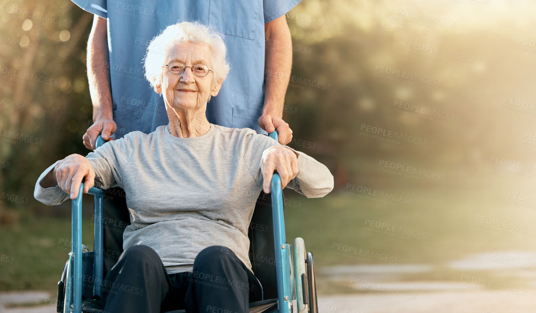 Buy stock photo Healthcare, portrait and old woman in wheelchair with nurse in nature for wellness. Outdoors, disability and retired female with medical worker for healthy sunshine or enjoying time at park or garden