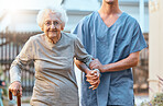 Elderly, woman and nursing home, caregiver and holding hands with healthcare for the old and support. Rehabilitation,  help with care portrait and physical therapy with nurse and patient outdoor.