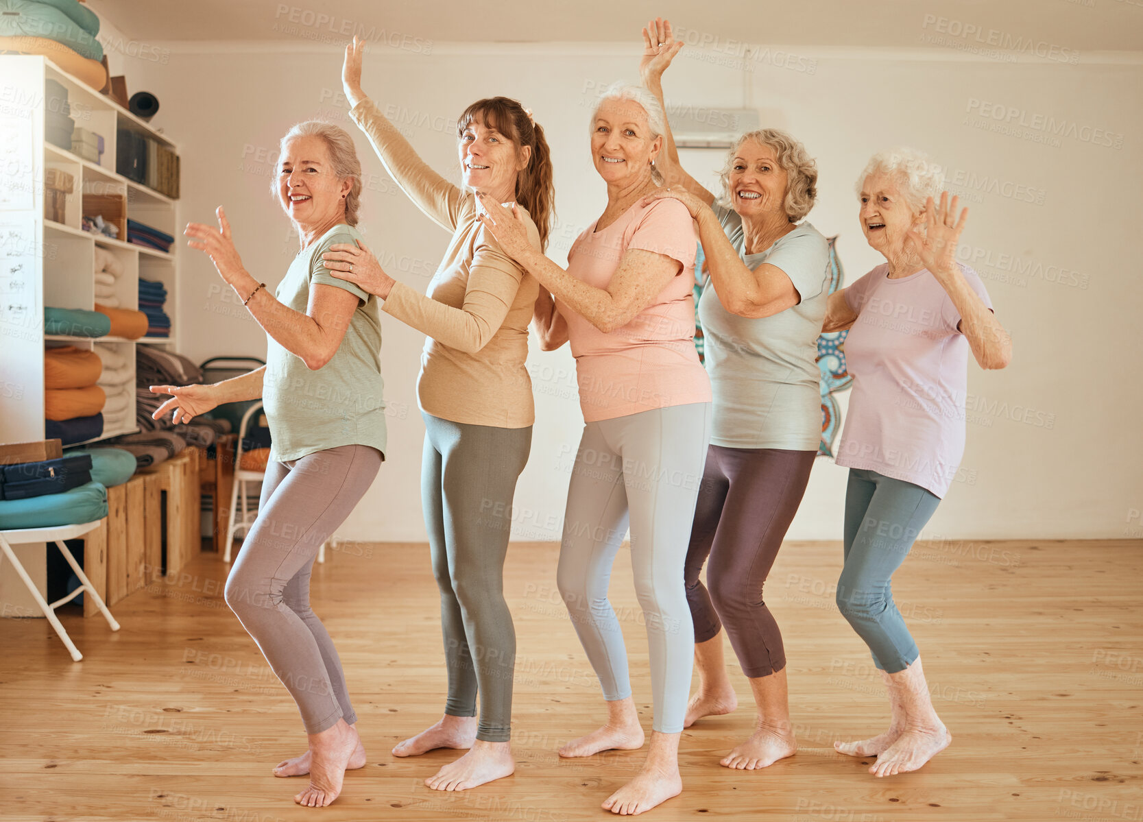 Buy stock photo Elderly, yoga and portrait of friends row dance together on class break for cheerful fun. Retirement, wellness and senior friendship in yoga class with happy, healthy and fitness women.

