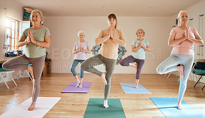 Yoga balance, class and senior women doing wellness breathing exercise, studio workout or pilates fitness. Elderly healthcare lesson, retirement activity and group of people training for self care