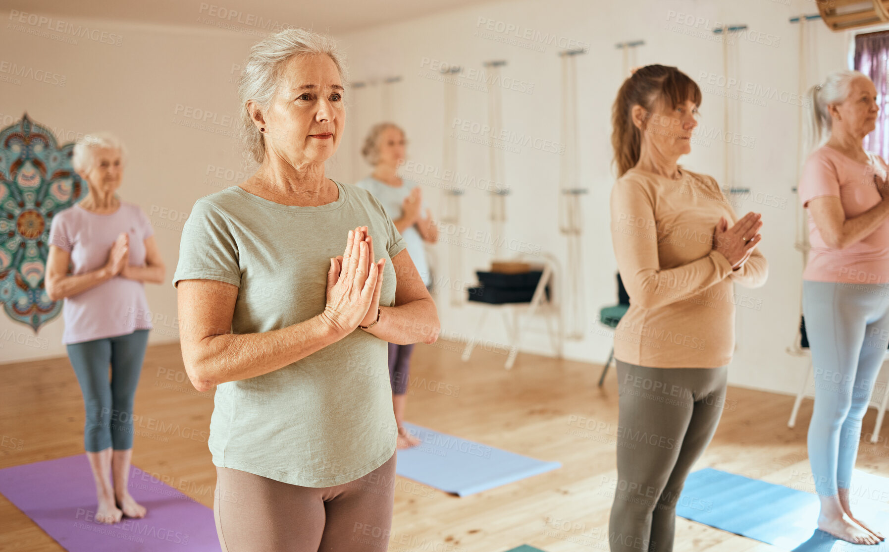 Buy stock photo Yoga, meditation and fitness with a senior woman in an exercise class for holistic wellness or mental health. Gym, zen and meditate with a mature female yogi in a studio for inner peace or balance