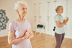 Yoga, zen and mindfulness with elderly women and meditate, peace and balance for wellness and exercise. Spiritual, positive energy in fitness studio with meditation class for body health and vitality