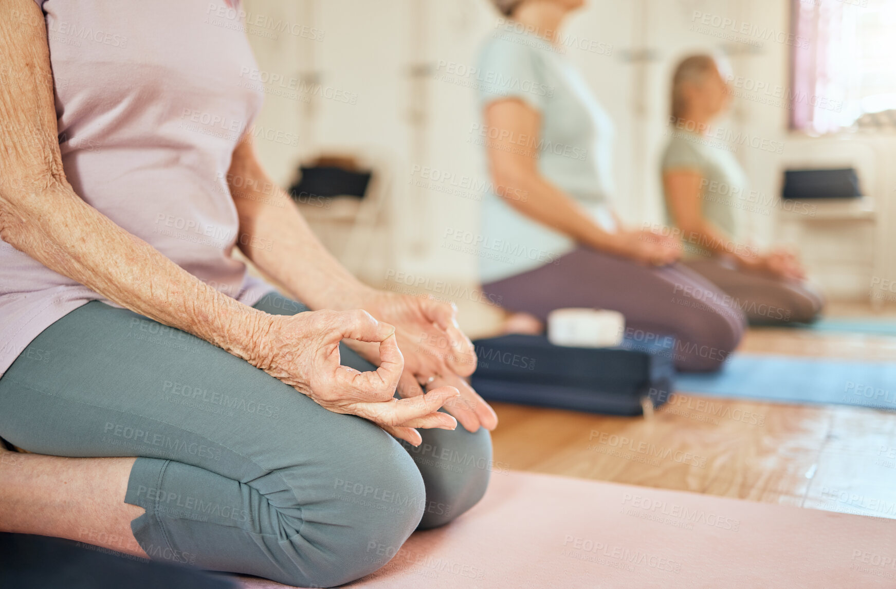 Buy stock photo Yoga, lotus hands and senior women in gym meditating for chakra and spiritual health. Zen, meditation and group of retired elderly females training to relax for peace and wellness in fitness center.
