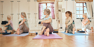 Buy stock photo Yoga, personal trainer and senior women community, group and support for healthy life, wellness and body stretching. Elderly, coach and yoga class people on floor in pilates, cardio or workout studio