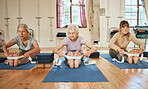 Senior, yoga stretching and leg band for wellness, training and exercise for health and gym wellness. Elderly workout and yoga class with pilates in a retirement fitness healthcare studio together 