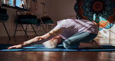 Buy stock photo Senior woman, stretching and yoga exercise in living room for fitness, cardio and wellness on mat studio training. Retirement, workout and pilates elderly retired person exercising legs on floor