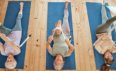 Buy stock photo Gym, fitness, and elderly women group in yoga class from above, stretch and wellness exercise for cardio health together. Friends, seniors and stretching on studio floor by active seniors training 