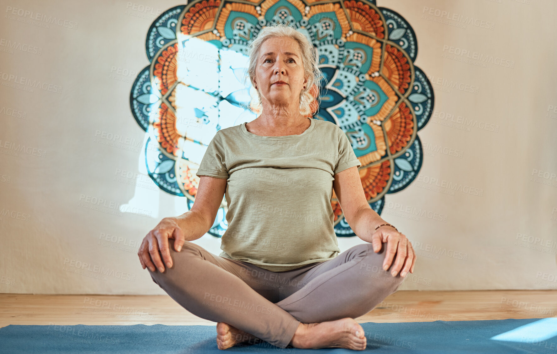 Buy stock photo Yoga, meditation and fitness senior woman on floor for body wellness, mindfulness and peace retirement lifestyle in creative workout studio. Spiritual, calm and meditate of old woman pilates exercise