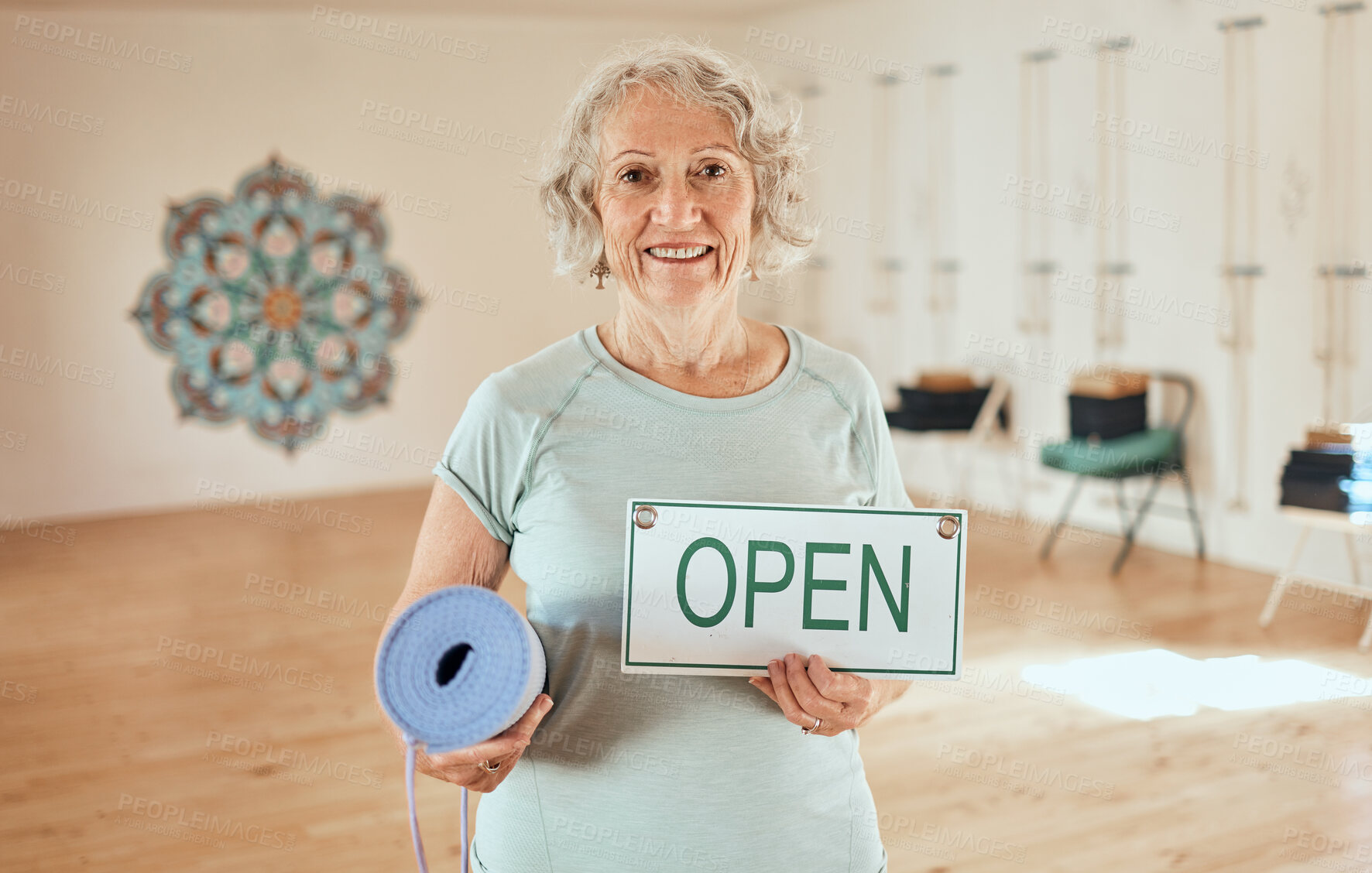 Buy stock photo Yoga, elderly woman with open sign in fitness portrait and pilates studio with exercise for senior people. Wellness, training and health motivation, active lifestyle and vitality in retirement.