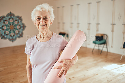 Buy stock photo Yoga, mat and portrait of a senior woman in a wellness studio for an exercise or meditation class. Happy, smile and elderly female in retirement at mind and body pilates workout for peace and balance