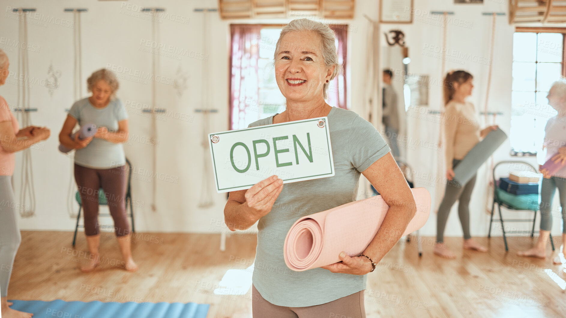 Buy stock photo Yoga, open sign and elderly woman in studio with fitness for mature women, exercise and pilates for health and wellness. Balance, zen and workout portrait, training motivation for senior people.