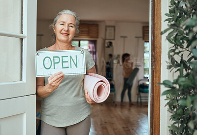 Buy stock photo Woman, portrait and advertising open sign, yoga studio and fitness club, healthy lifestyle and senior wellness. Happy old woman at door of exercise, workout and training center with marketing signage