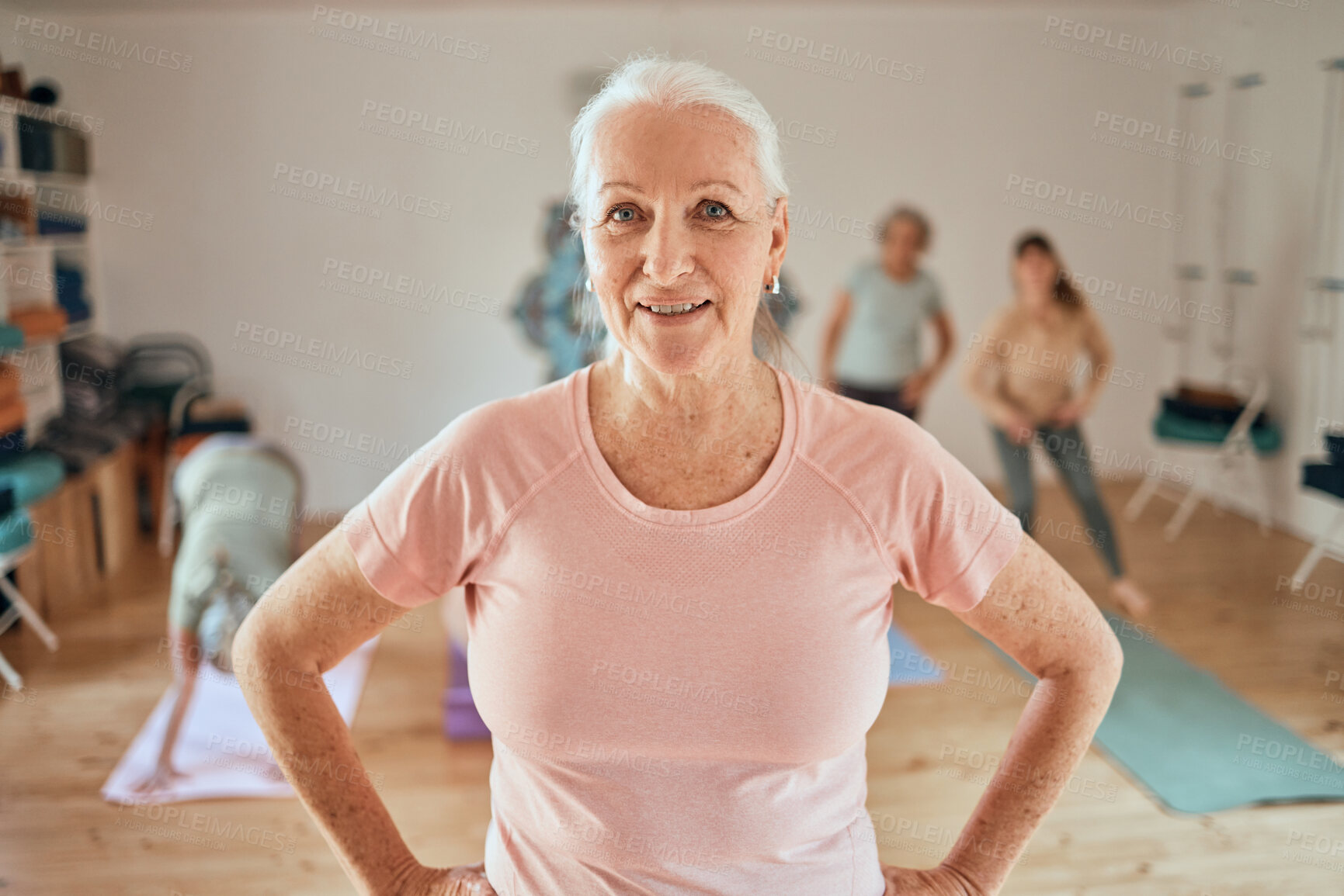 Buy stock photo Portrait, senior woman and yoga class, wellness and coach, exercise and healthy lifestyle, workout and fitness studio. Happy pilates lady, yogi and trainer, group training and workout in retirement 