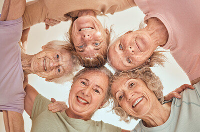 Buy stock photo Fitness, happy and elderly friends in a circle for support, trust and team building in a wellness class below view. Partnership, smile and senior women in a huddle with motivation, health or hope