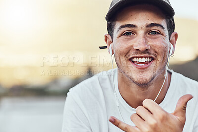 Buy stock photo Music, portrait and man with good time hand sign relax with radio, song and online audio track in city. Podcast, face and guy with shaka hands happy with wellness playlist in New York while streaming