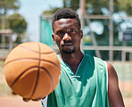 Basketball, serious face and black man ready for fitness, training and sports game outdoor. Portrait of a athlete before exercise, wellness and body health activity on playground or basketball court
