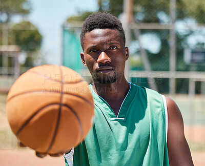Buy stock photo Basketball, serious face and black man ready for fitness, training and sports game outdoor. Portrait of a athlete before exercise, wellness and body health activity on playground or basketball court