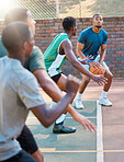 Basketball, game and team sports for match point, score or ready for a shot at the basketball court. Basketball players in sport fitness, exercise or workout at the court together in the outdoors