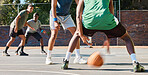 Basketball, team and fitness game outdoor training in a workout competition with teamwork. Cardio, sports and athlete group on a basketball court with goal exercise collaboration and challenge