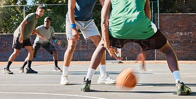 Buy stock photo Basketball, team and fitness game outdoor training in a workout competition with teamwork. Cardio, sports and athlete group on a basketball court with goal exercise collaboration and challenge
