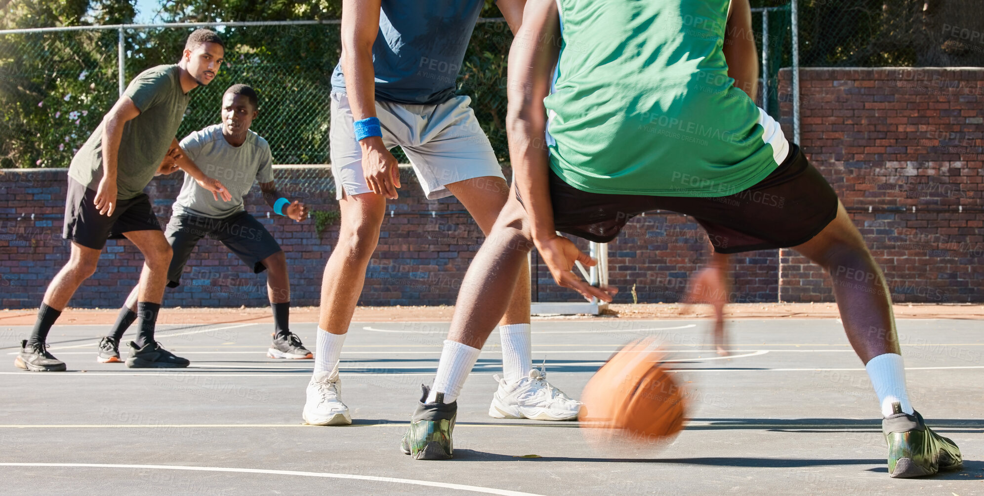 Buy stock photo Basketball, team and fitness game outdoor training in a workout competition with teamwork. Cardio, sports and athlete group on a basketball court with goal exercise collaboration and challenge