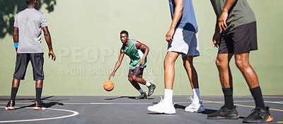 Buy stock photo Sports, training and teamwork with man on basketball court for fitness, workout and exercise. Cardio, summer and friends with basketball player for energy, stamina and endurance in competition games