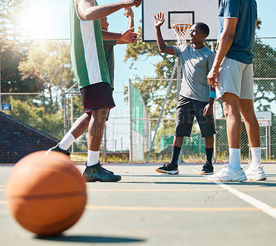 Buy stock photo Sports, teamwork and high five with man on basketball court for summer, winner and training. Success, goals and fitness with basketball player and celebration for friends, support and community 