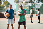 Sports, friends and portrait on basketball court for workout, fitness and athlete training. Basketball player, wellness and happy black people together on outdoor sport court for exercise.


