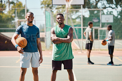 Buy stock photo Sports, friends and portrait on basketball court for workout, fitness and athlete training. Basketball player, wellness and happy black people together on outdoor sport court for exercise.

