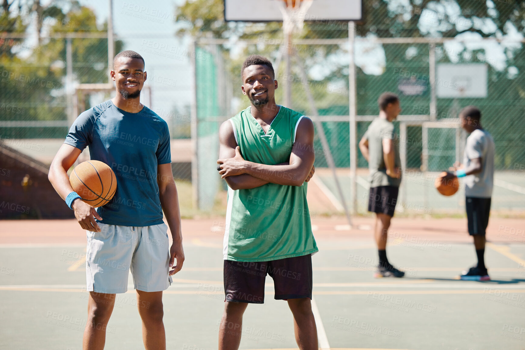 Buy stock photo Sports, friends and portrait on basketball court for workout, fitness and athlete training. Basketball player, wellness and happy black people together on outdoor sport court for exercise.

