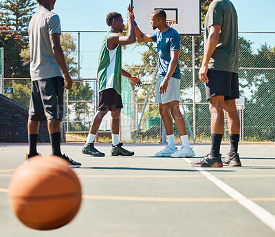 Buy stock photo Basketball court, high five and motivation for team, teamwork and energy at sports game with black men or friends at community playground. Street ball people together at training for support outdoor