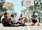 Basketball court, friends and men, break and team sports, social conversation and relax in community playground. Basketball players, rest and black people together after game, team training and match