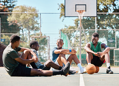 Buy stock photo Basketball court, friends and men, break and team sports, social conversation and relax in community playground. Basketball players, rest and black people together after game, team training and match