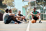 Sports, basketball court and communication of relax team talking about game fitness, competition training or exercise challenge. Friends group conversation, black people and player chatting on floor