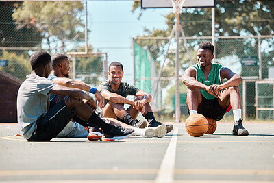 Buy stock photo Sports, basketball court and communication of relax team talk about game fitness, competition training or exercise health. Friends group conversation, black people and basketball player chat on floor