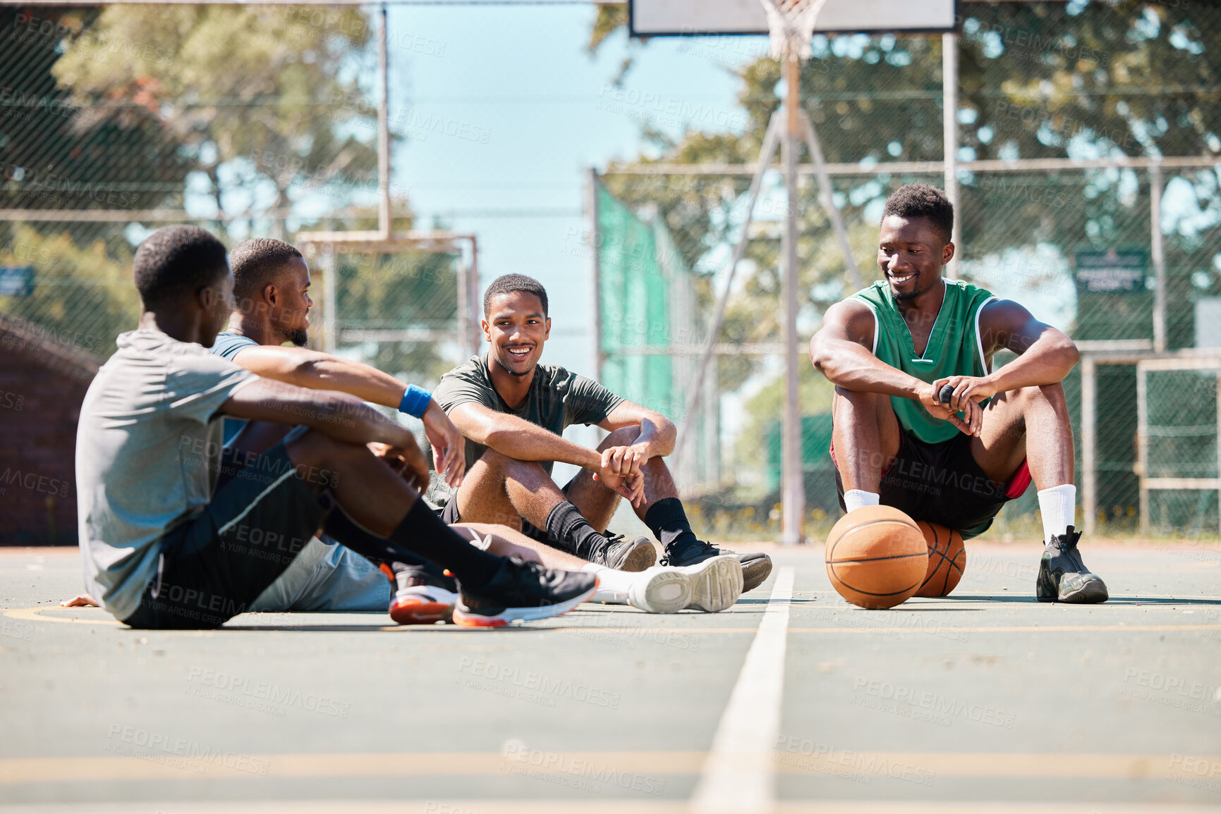 Buy stock photo Sports, basketball court and communication of relax team talk about game fitness, competition training or exercise health. Friends group conversation, black people and basketball player chat on floor