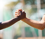Handshake, partnership and agreement for trust, support or unity against a blurred background. People shaking hands for teamwork, friendship or deal in meeting, respect or social greeting on mockup