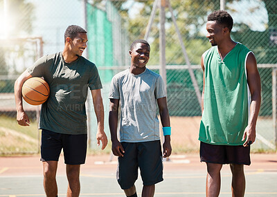 Buy stock photo Black men, team building or bonding on basketball court in fitness break, workout or training in competition, game or match. Smile, happy or talking ball players, friends or community sports athletes