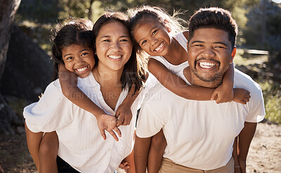 Buy stock photo Family, piggy back and happiness portrait of a mother, father and girl children in a outdoor park. Happy, smile and parent care of a mom, dad and kids together bonding with love on a summer vacation