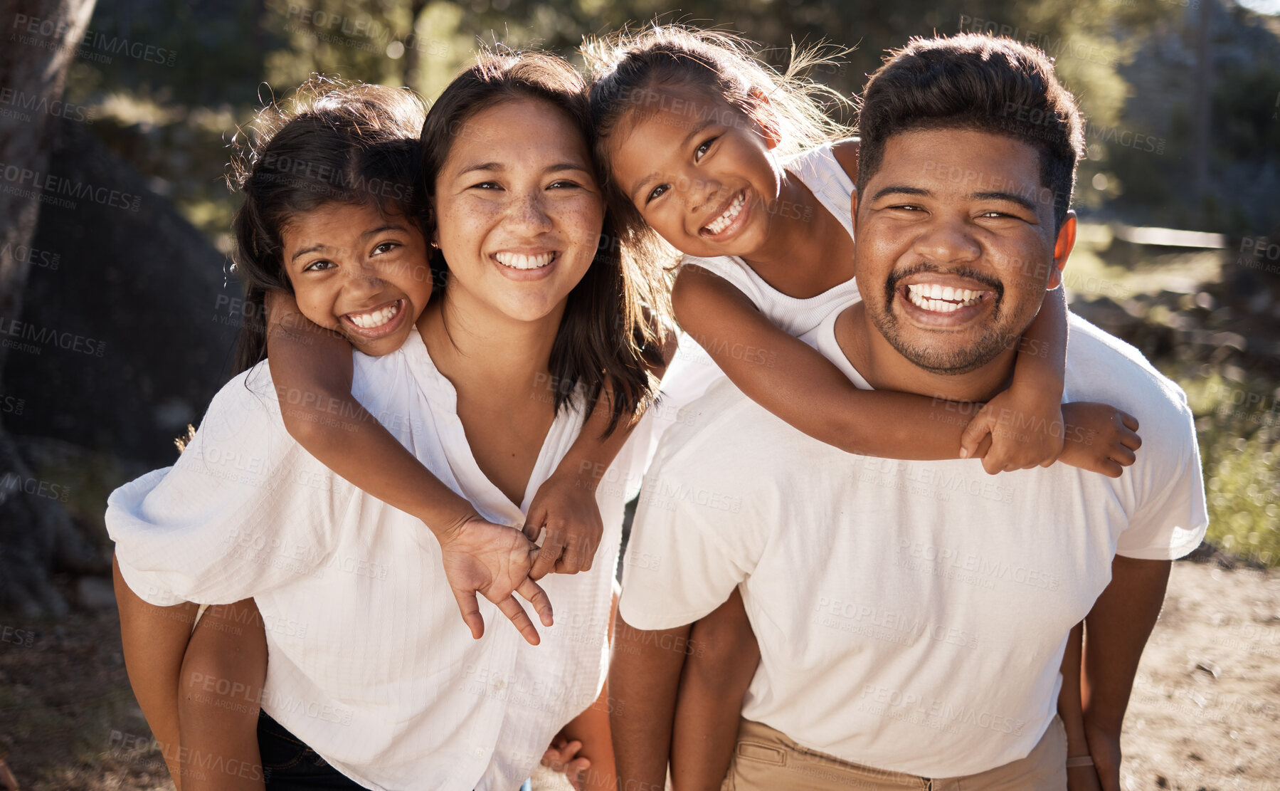 Buy stock photo Family, piggy back and happiness portrait of a mother, father and girl children in a outdoor park. Happy, smile and parent care of a mom, dad and kids together bonding with love on a summer vacation