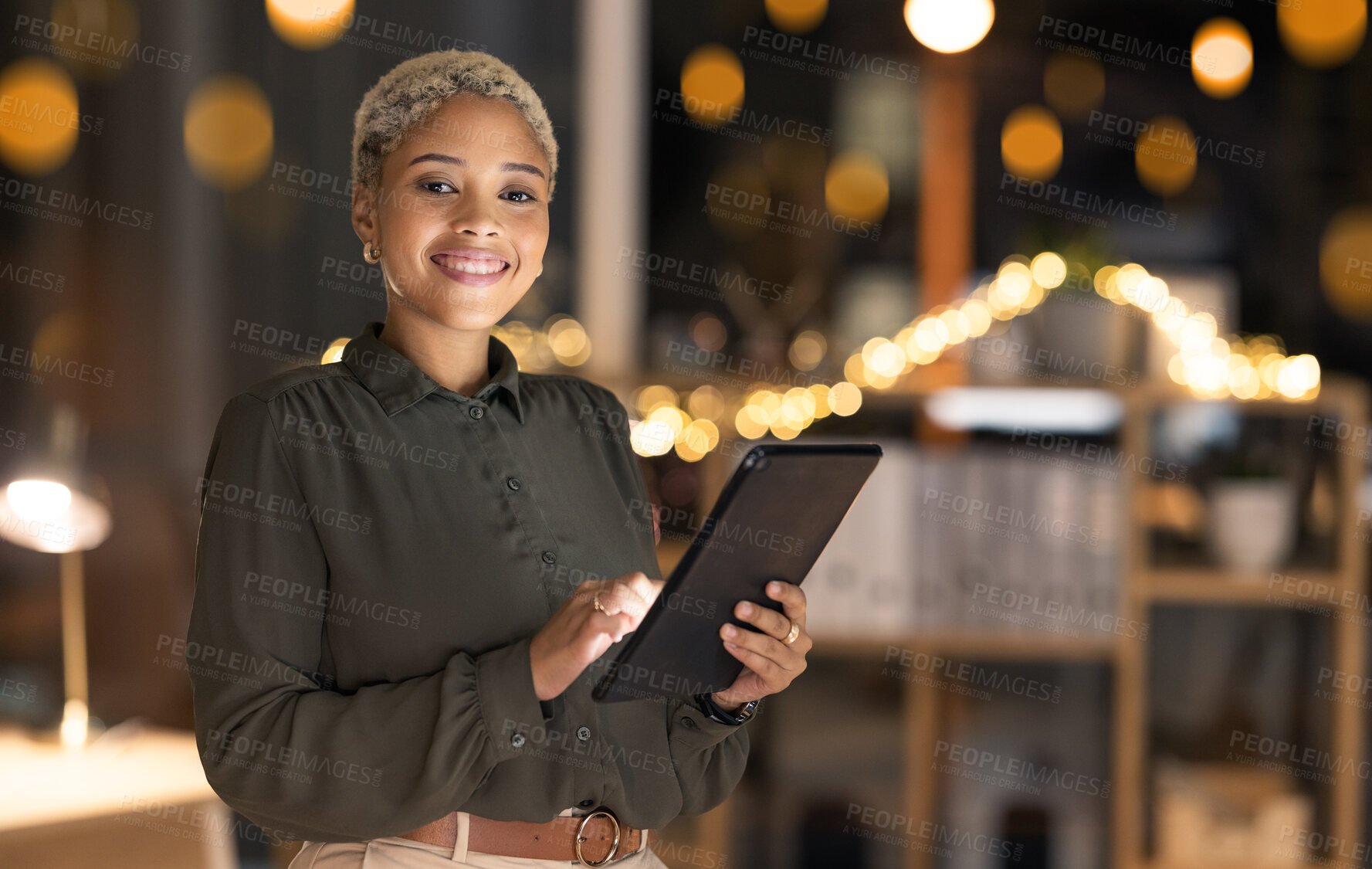 Buy stock photo Night business, black woman and tablet, portrait and planning, website and online connection, data and innovation in office. Happy young female entrepreneur, digital tech and internet in dark agency