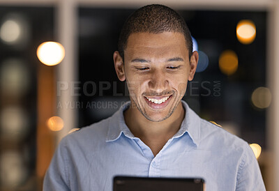Buy stock photo Business man, tablet and working on digital web and social media for accounting job in a office. Financial advisor with happiness looking at a internet video on technology typing on company tech