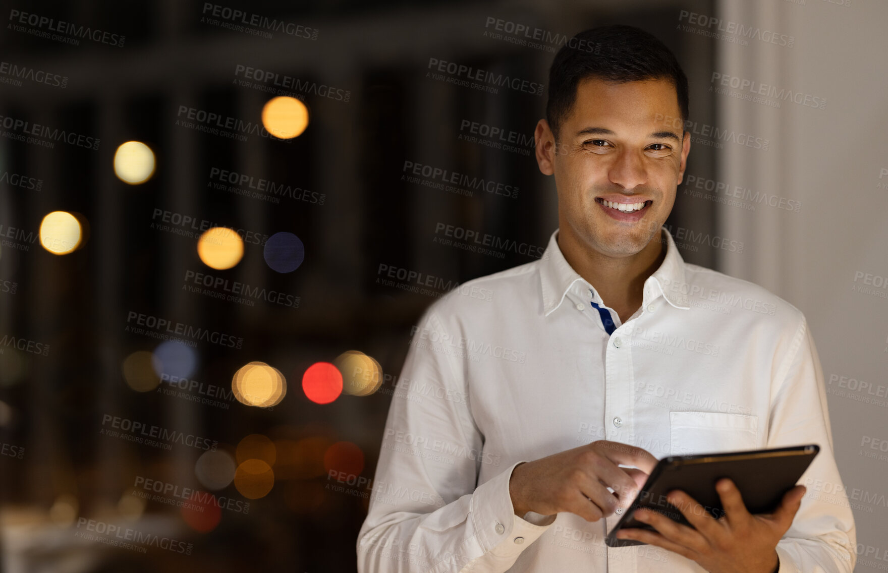 Buy stock photo Businessman, digital tablet and portrait of leader in office at night, happy and relax with internet search. Smile, man and marketing expert research creative idea for marketing startup late in India