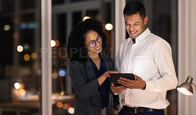 Buy stock photo Business people, tablet and working night at office, corporate and collaboration with digital information search and technology. Man, woman and business with teamwork, tech and diversity in company.