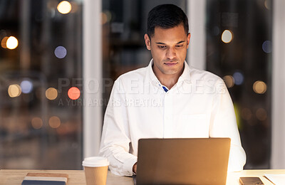Buy stock photo Businessman, laptop and manager in office at night for schedule, planning and management at a desk. Thinking, man and online research by inspired entrepreneur working late on goal, idea and strategy