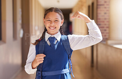 Buy stock photo Education, school and student flexing arm for girl power, growth and development with a backpack with books. Smile, scholarship and happy child excited about learning, knowledge and future success
